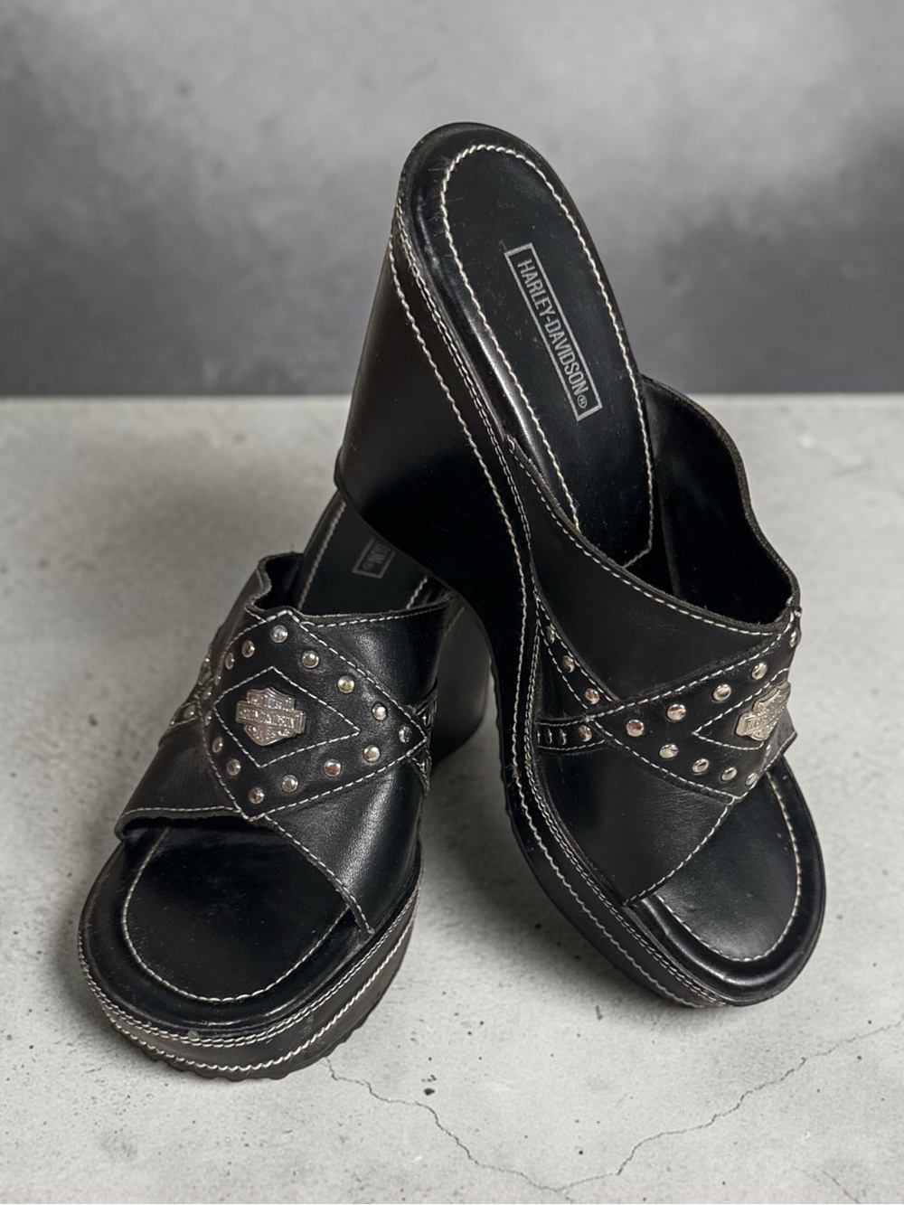 Harley-Davidson Black Leather Studded Platform Mules